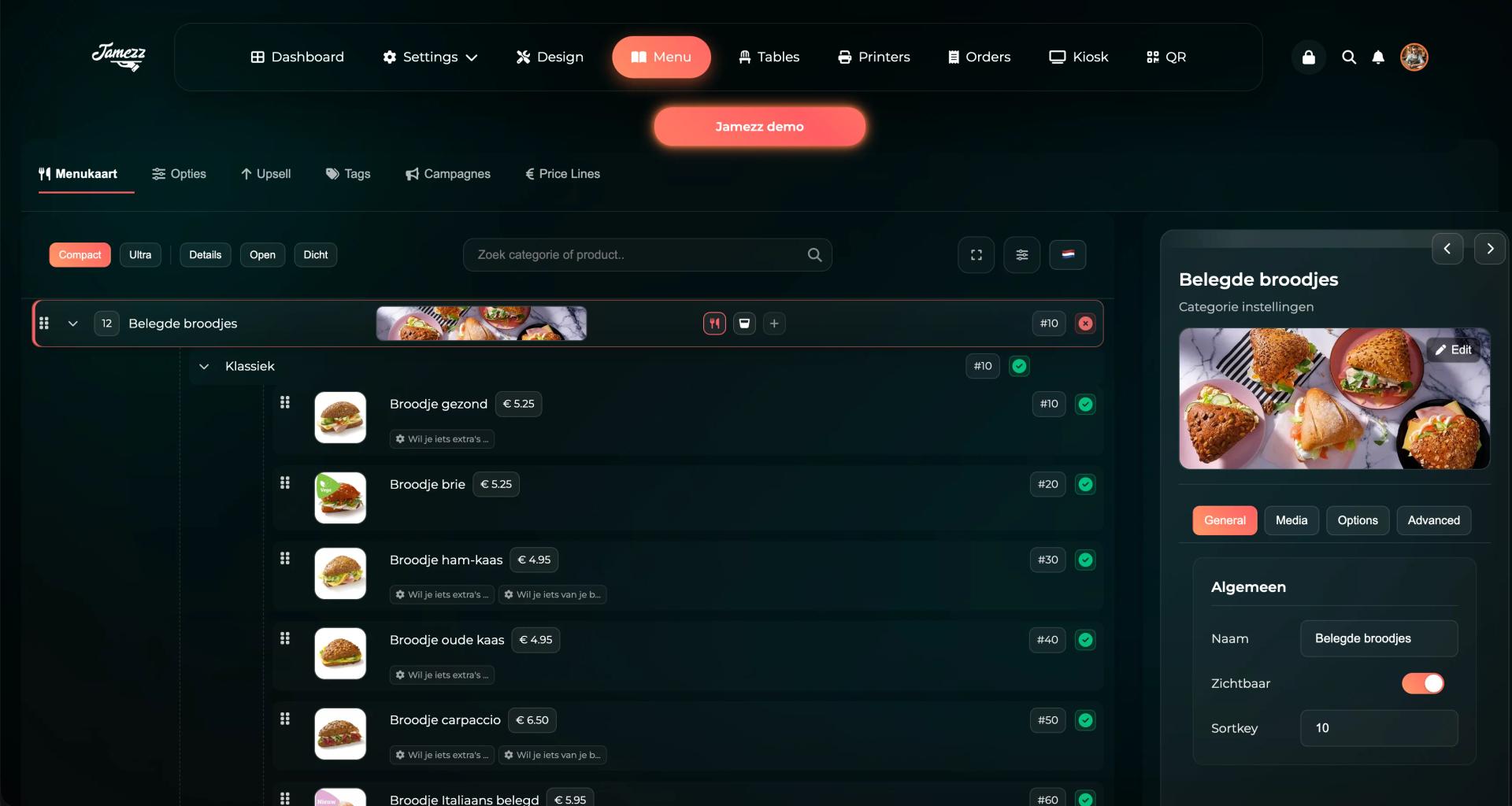 Jamezz QR menu builder - Intuitive backoffice for easy management of QR menu cards, prices and categories