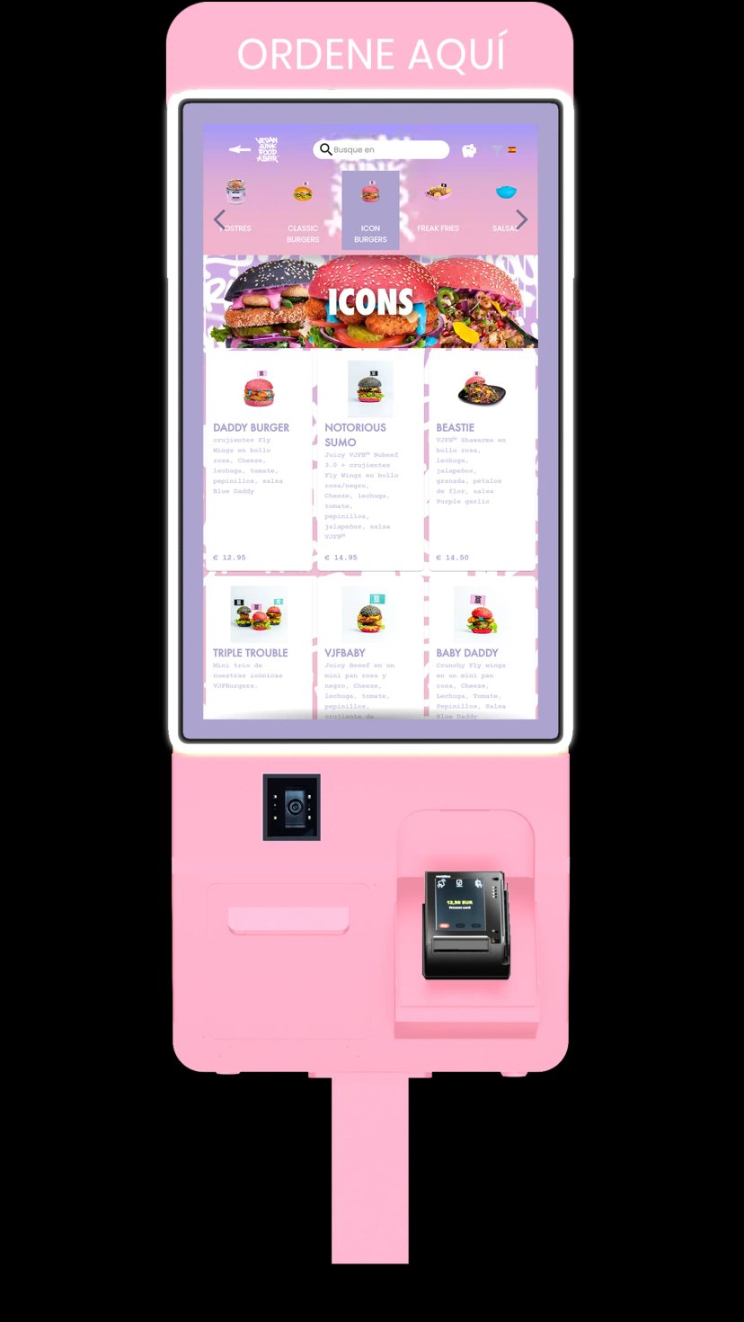 Jamezz kiosk in pink - Modern ordering kiosk for hospitality with QR scan and menu display